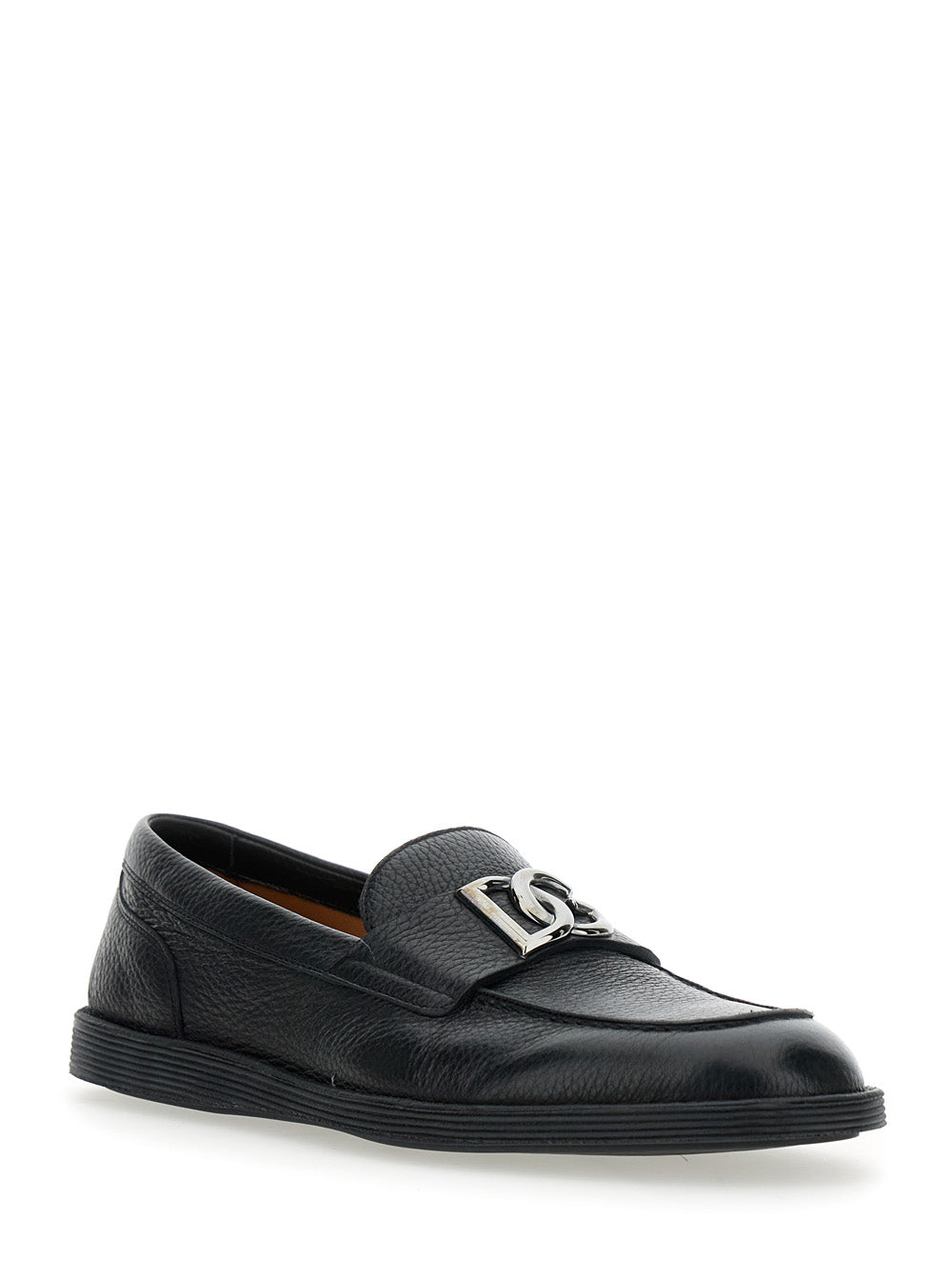Dolce & Gabbana Men 'Florio' Black Loafers With Dg Plaque On The Front In Grained Leather Man DOLCE & GABBANA