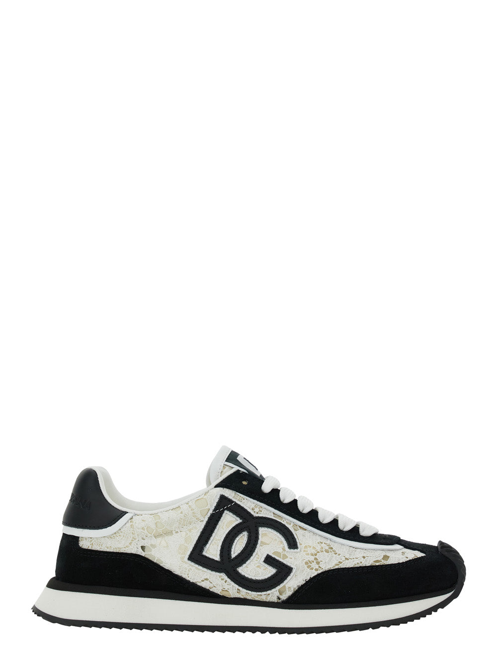 Dolce & Gabbana Women Black And White Low Top With Lace Details And Dg Patch On The Side In Fabric And Suede Blend Woman DOLCE & GABBANA