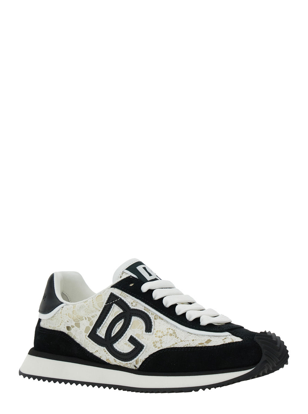 Dolce & Gabbana Women Black And White Low Top With Lace Details And Dg Patch On The Side In Fabric And Suede Blend Woman DOLCE & GABBANA