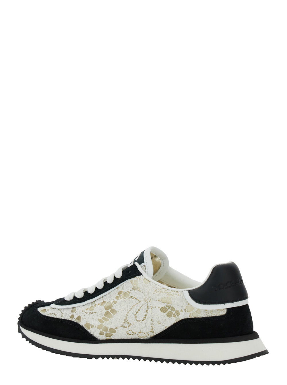 Dolce & Gabbana Women Black And White Low Top With Lace Details And Dg Patch On The Side In Fabric And Suede Blend Woman DOLCE & GABBANA