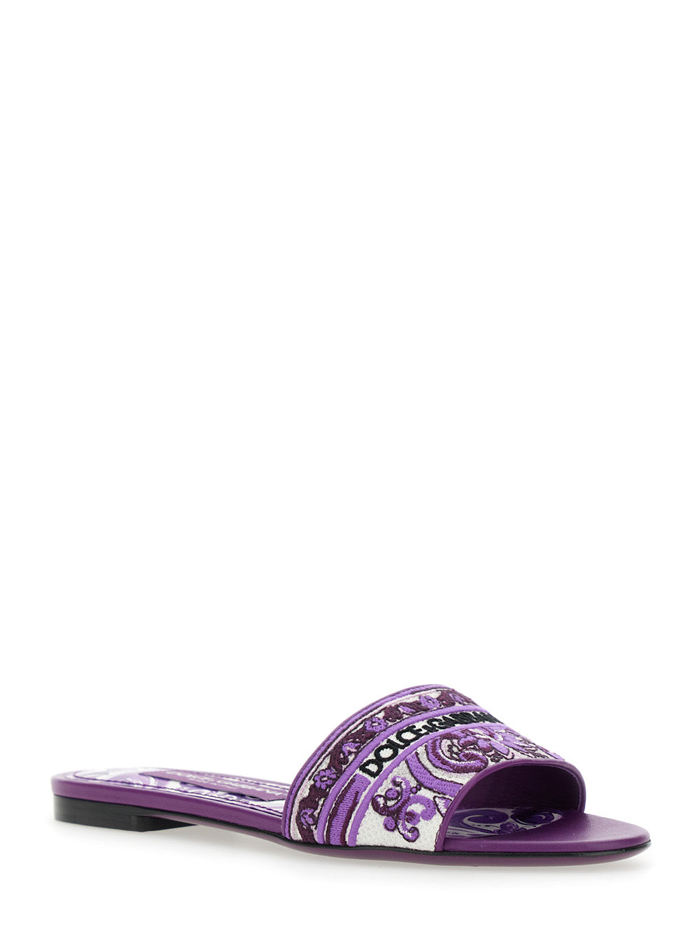 Dolce & Gabbana Women Violet Sandals With Logo Embroidery On The Front And All-Over Majolica Motif In Cotton Blend Woman DOLCE & GABBANA