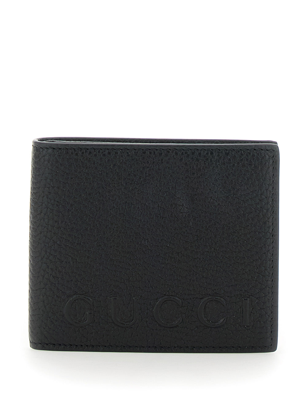 Gucci Men Black Bi-Fold Wallet With Embossed Logo Lettering On The Front In Grained Leather Man GUCCI