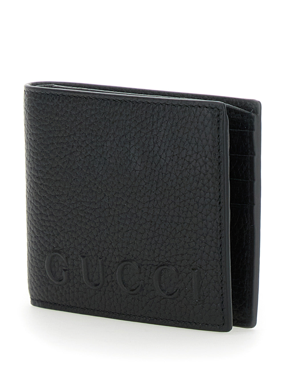 Gucci Men Black Bi-Fold Wallet With Embossed Logo Lettering On The Front In Grained Leather Man GUCCI