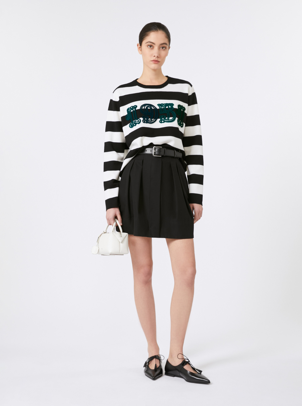 Max Mara Women 'Viterbo' Black And White Crewneck Sweater With Embroidery On The Front And All-Over Striped Motif In Wool Woman MAX MARA