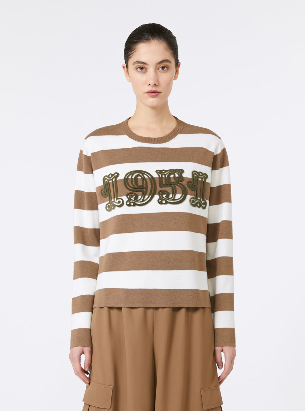 Max Mara Women 'Viterbo' Beige Crewneck Sweater With Embroidery On The Front And All-Over Striped Motif In Wool Woman MAX MARA