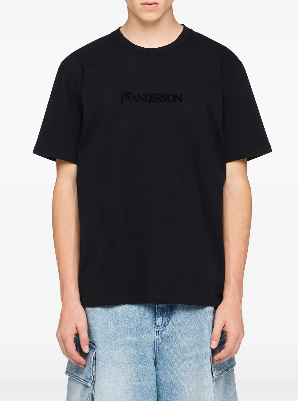 Jw Anderson Men Black Crewneck T-Shirt With Logo Lettering Embroidery On The Front In Cotton Man J.W. ANDERSON