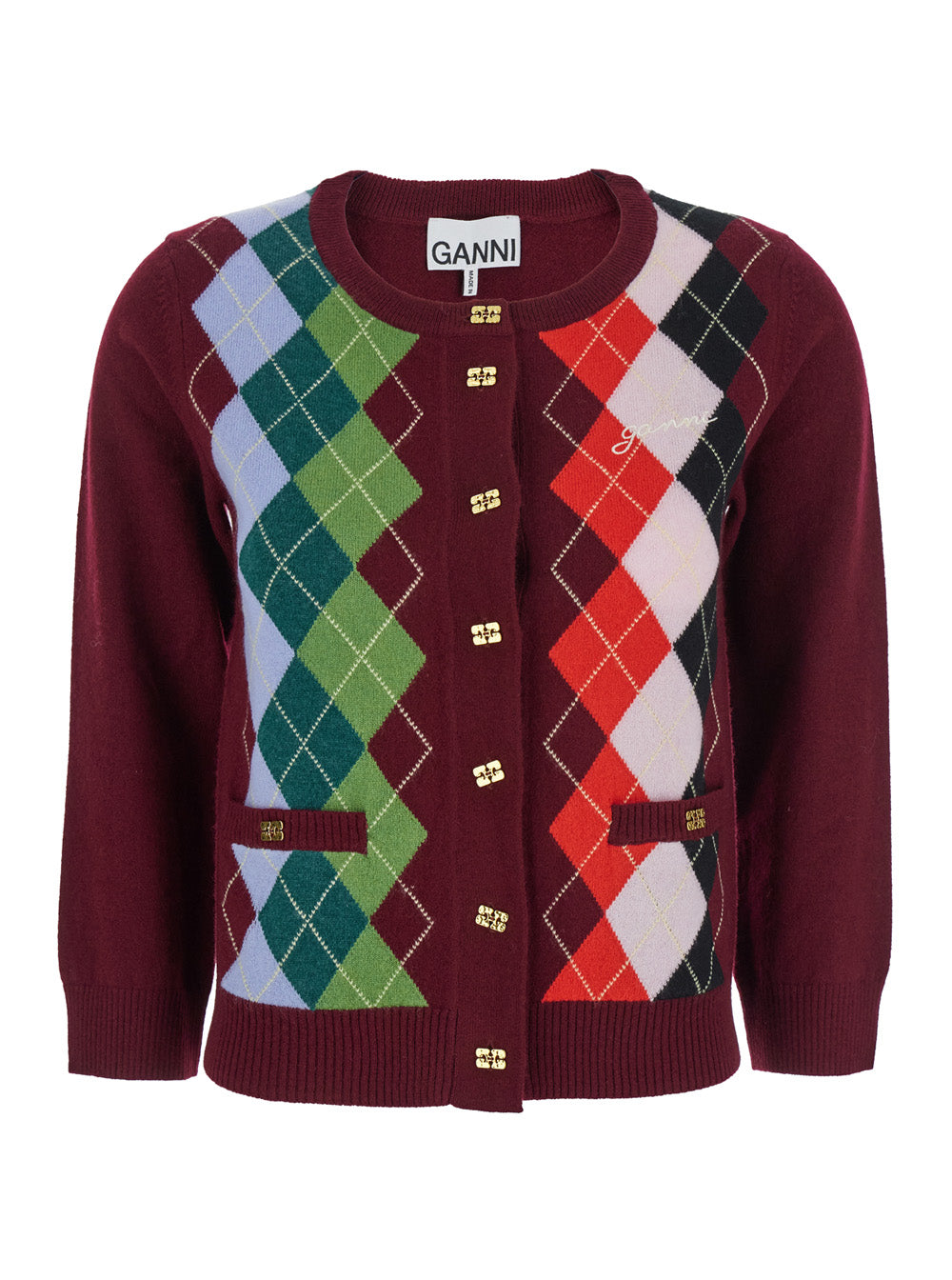 Ganni Women Multicolor Crewneck Cardigan With Jewel Buttons And Gemetric Motif On The Front In Wool And Cashmere Woman GANNI