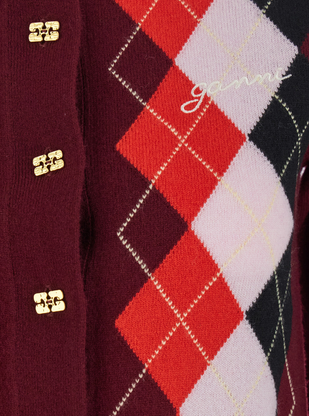 Ganni Women Multicolor Crewneck Cardigan With Jewel Buttons And Gemetric Motif On The Front In Wool And Cashmere Woman GANNI