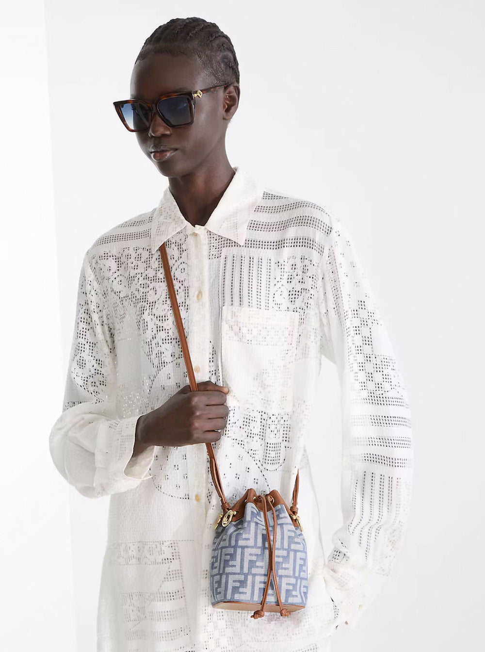 Fendi Women 'Mon Tresor' Blue Mini Handbag With Fringed Handle And Adjustable And Removable Shoulder Strap In Cotton Bòemd Woman FENDI