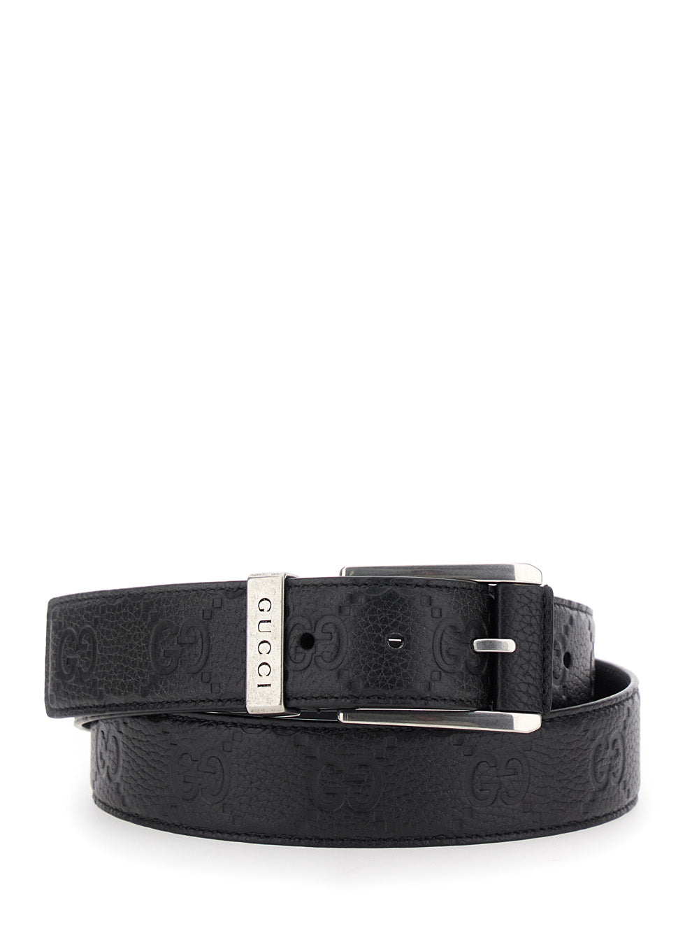 Gucci Men Black Belt With Square Buckle And All-Over Embossed Gg Logo In Grained Leather Man GUCCI