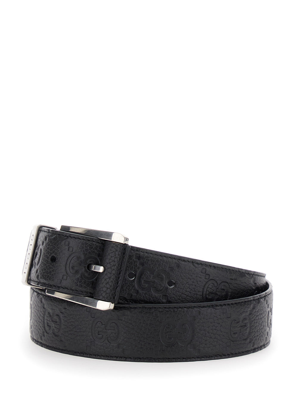 Gucci Men Black Belt With Square Buckle And All-Over Embossed Gg Logo In Grained Leather Man GUCCI