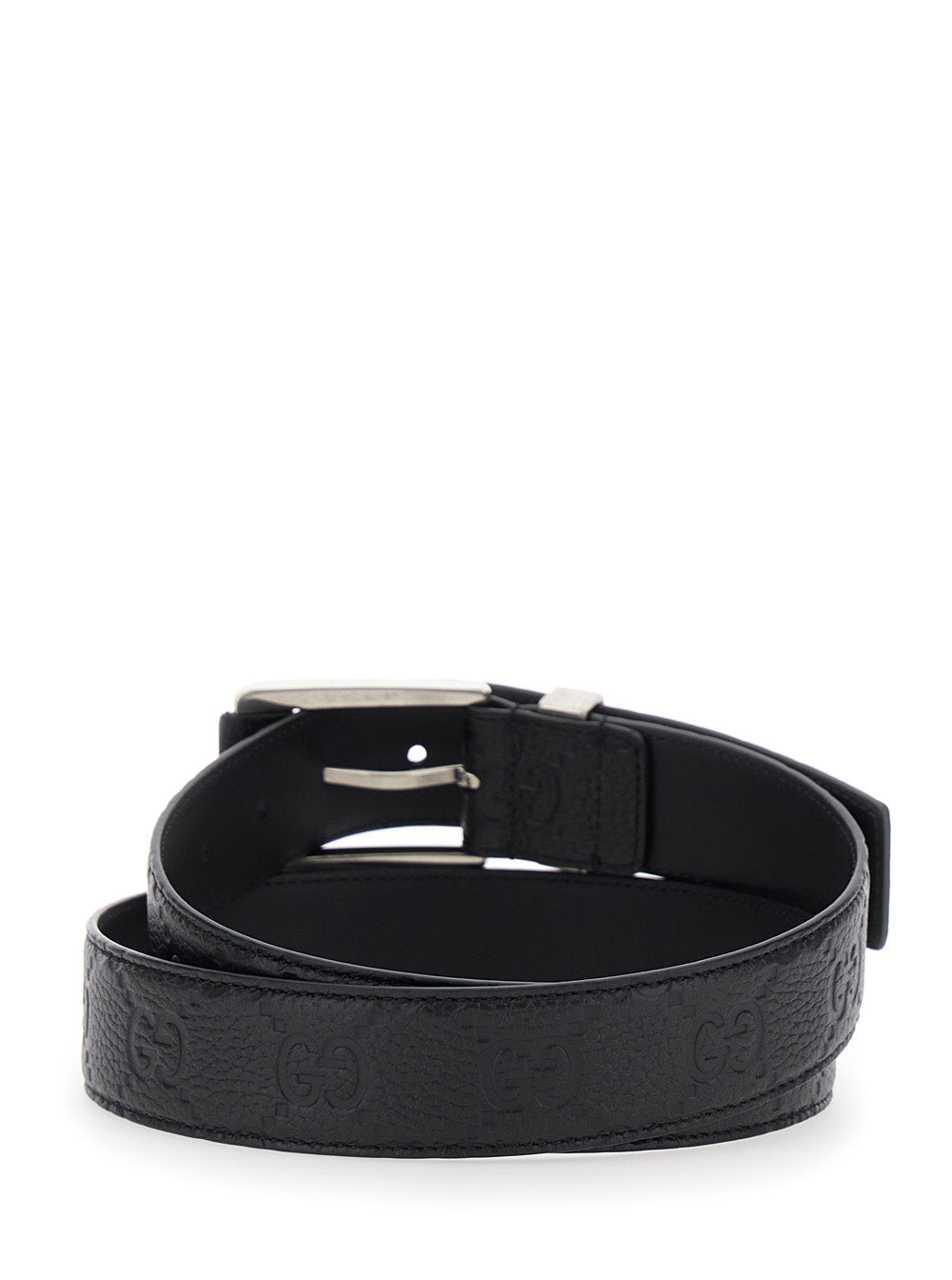 Gucci Men Black Belt With Square Buckle And All-Over Embossed Gg Logo In Grained Leather Man GUCCI