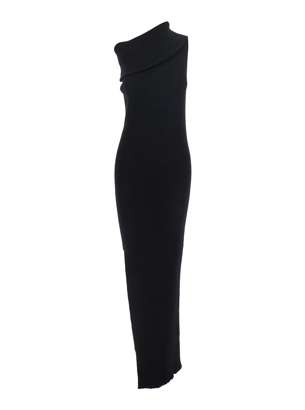 Rick Owens Women 'Athena' Black Ribbed Knit Sleeveless Asymmetric Long Dress With Wide Neckline In Viscose Blend Woman RICK OWENS