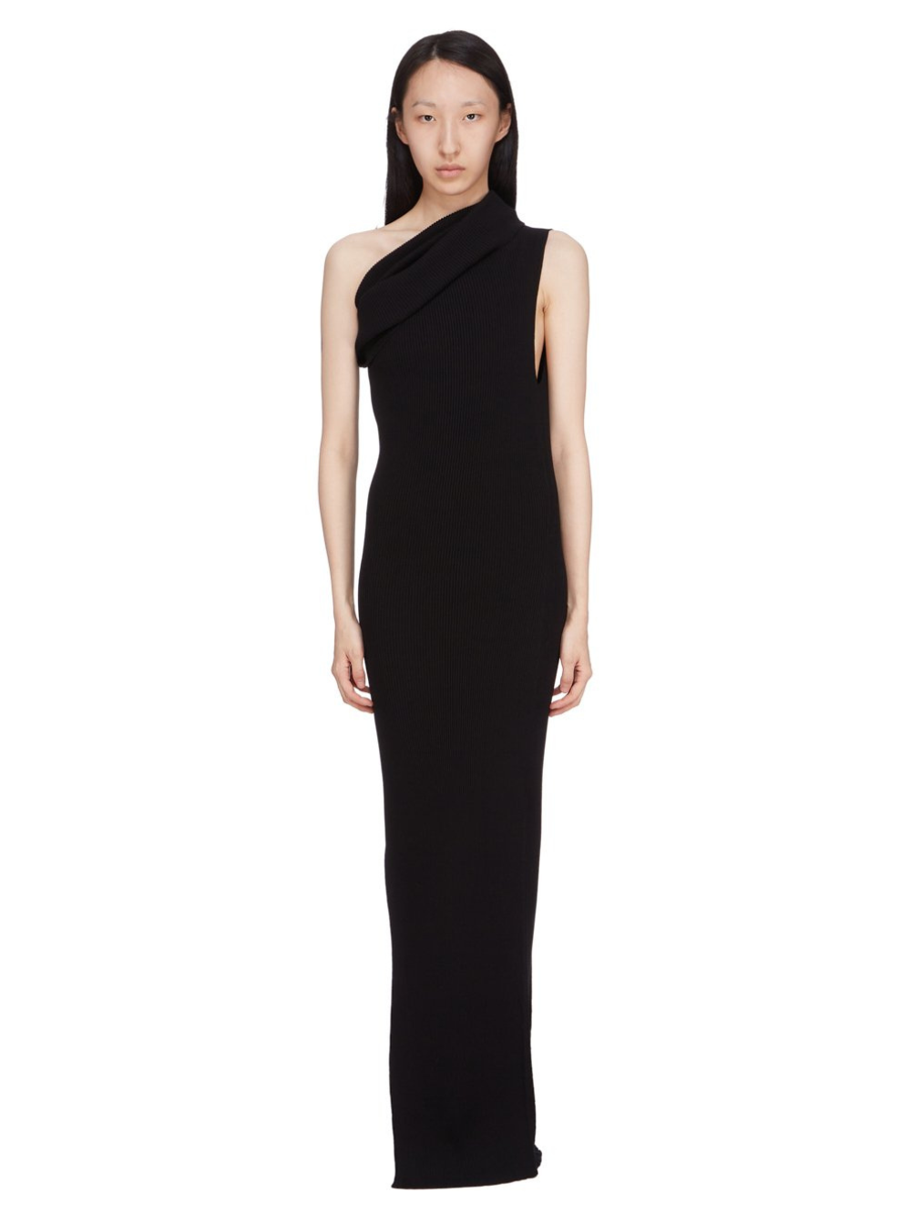 Rick Owens Women 'Athena' Black Ribbed Knit Sleeveless Asymmetric Long Dress With Wide Neckline In Viscose Blend Woman RICK OWENS