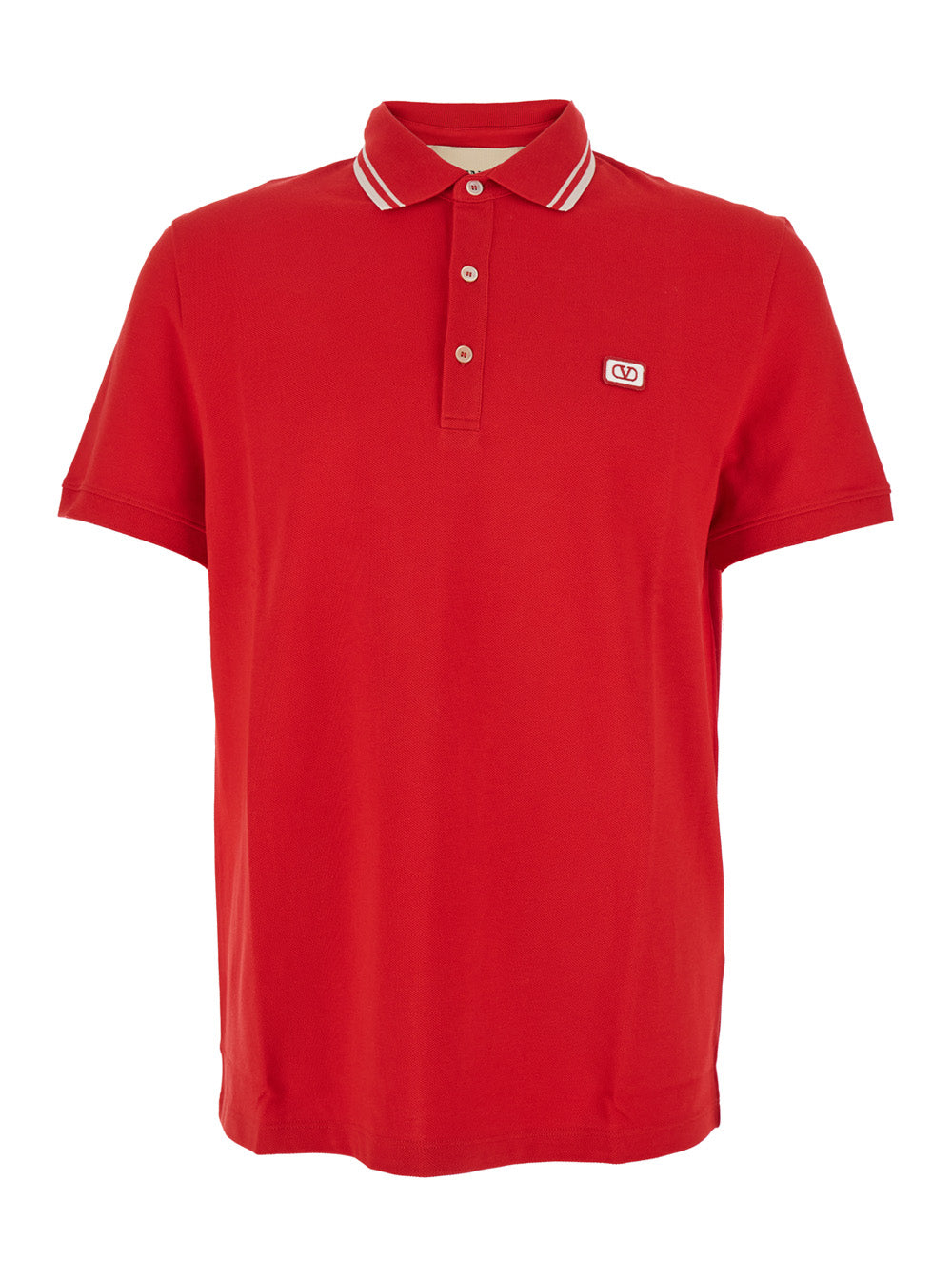 Valentino Men Red Polo Shirt With Classic Collar With Stirped Detail And Logo Patch On The Front In Cotton Piquet Man VALENTINO