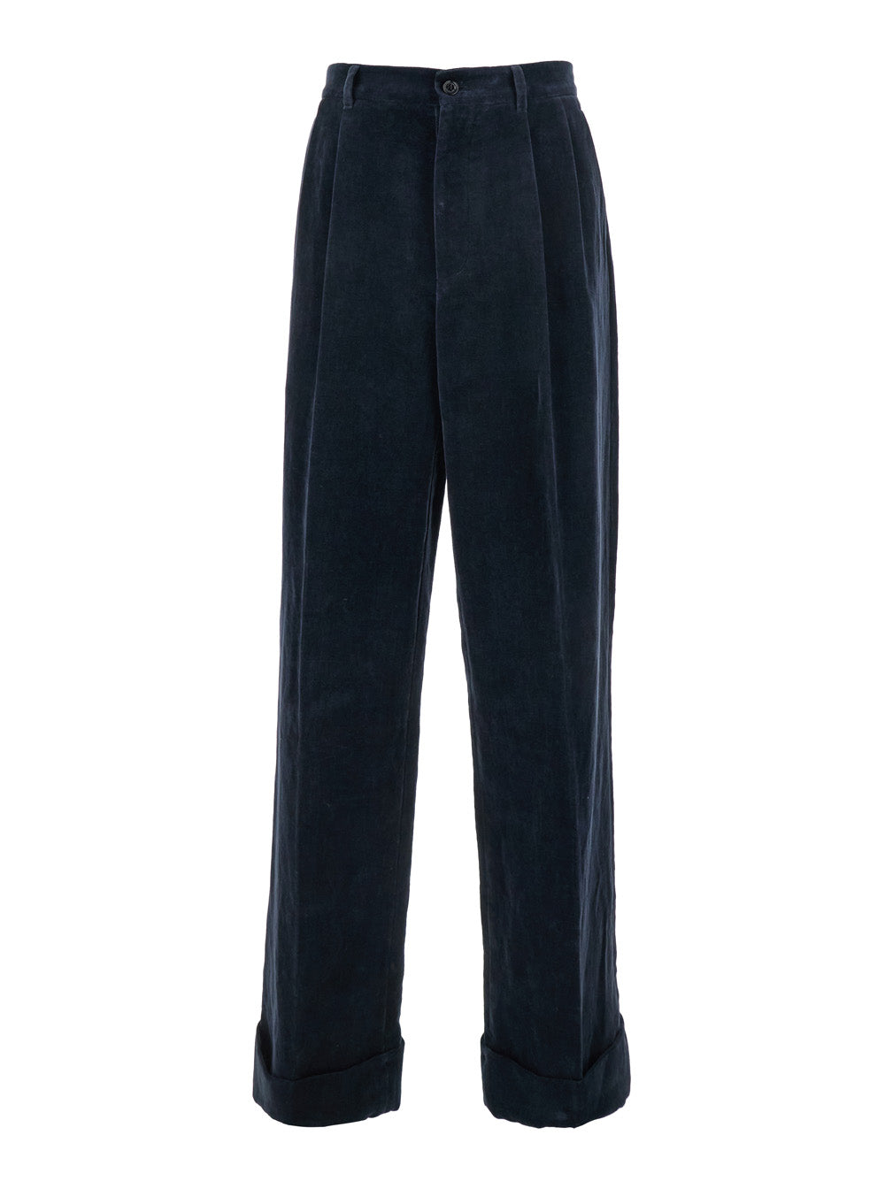 Valentino Men Blue Pants With Belt Loops And Turn-Up Hem In Linen And Cotton Blend Man VALENTINO