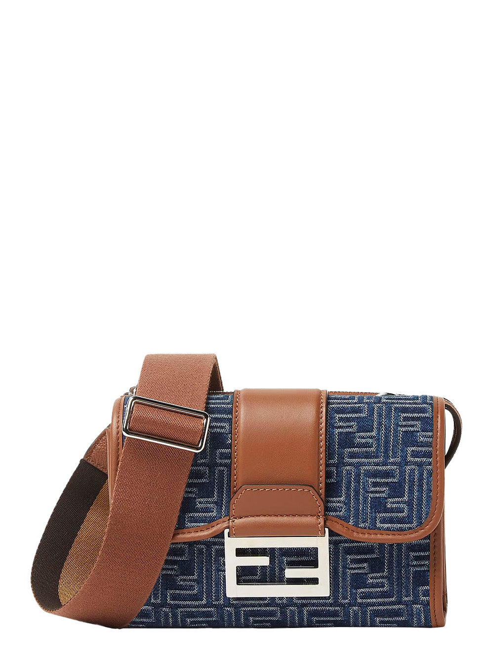 Fendi Men 'Baguette Double' Blue Crossbody Bag With Magnetic Ff Closure And All-Over Motif In Blue Cotton Man FENDI