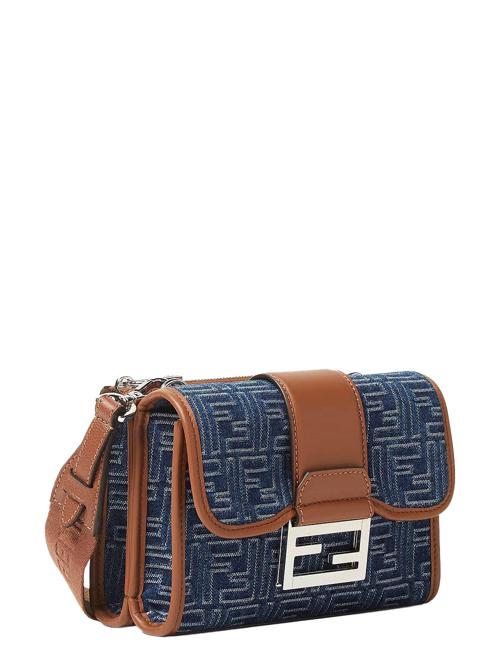 Fendi Men 'Baguette Double' Blue Crossbody Bag With Magnetic Ff Closure And All-Over Motif In Blue Cotton Man FENDI
