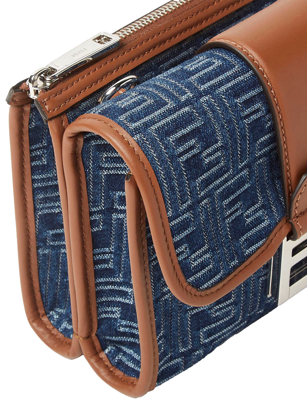 Fendi Men 'Baguette Double' Blue Crossbody Bag With Magnetic Ff Closure And All-Over Motif In Blue Cotton Man FENDI