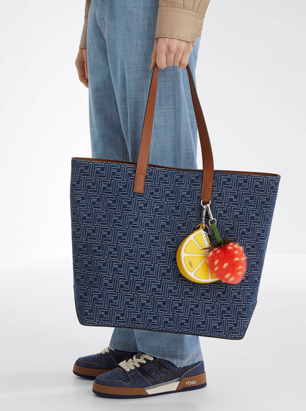 Fendi Men Blue Shopper With Long Handles And All Over Ff Motif In Cotton Man FENDI