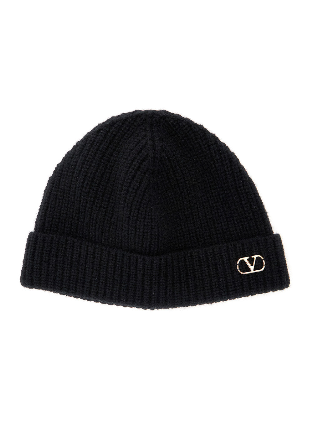 Valentino Garavani Men Black Knit Beanie With Vlogo On The Front In Cashmere Man VALENTINO GARAVANI