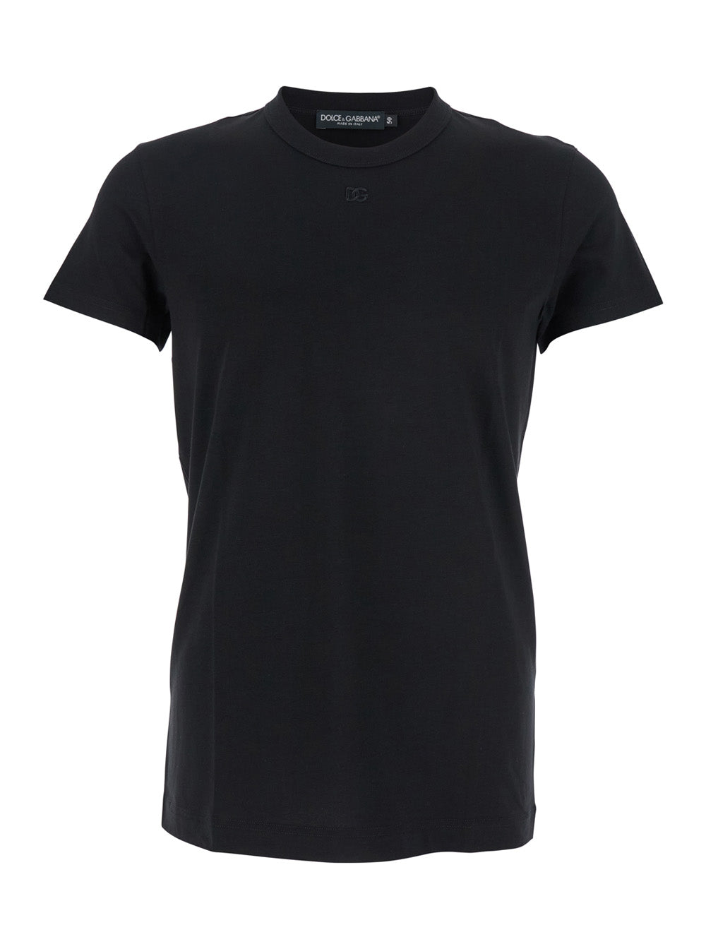Dolce & Gabbana Men Black Crewneck T-Shirt With Tonal Logo Lettering Embroidery On The Front In Cotton Stretch Man DOLCE & GABBANA