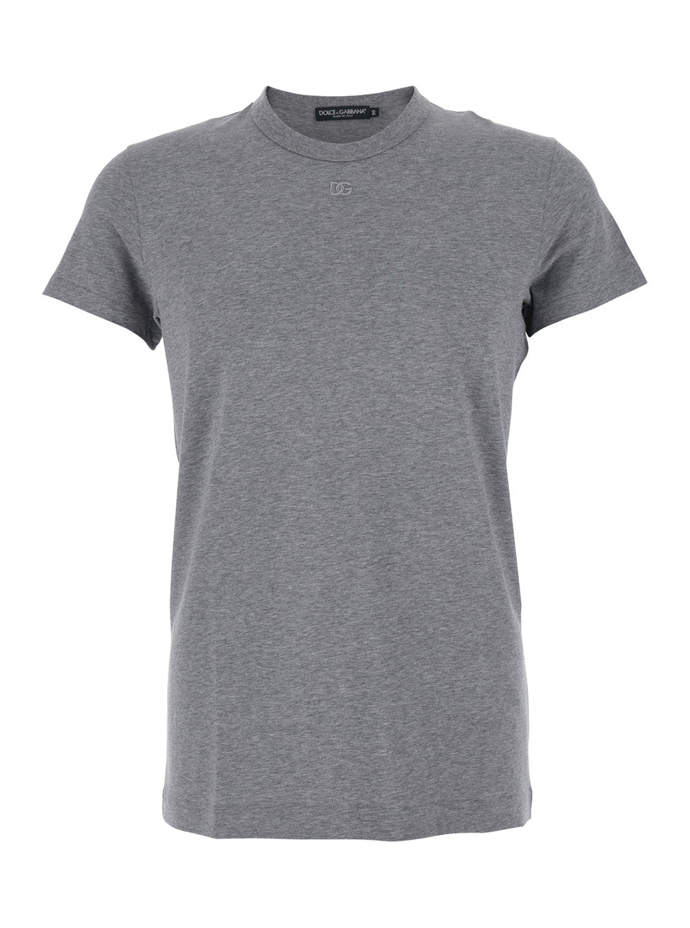 Dolce & Gabbana Men Grey Crewneck T-Shirt With Tonal Logo Lettering Embroidery On The Front In Cotton Stretch Man DOLCE & GABBANA