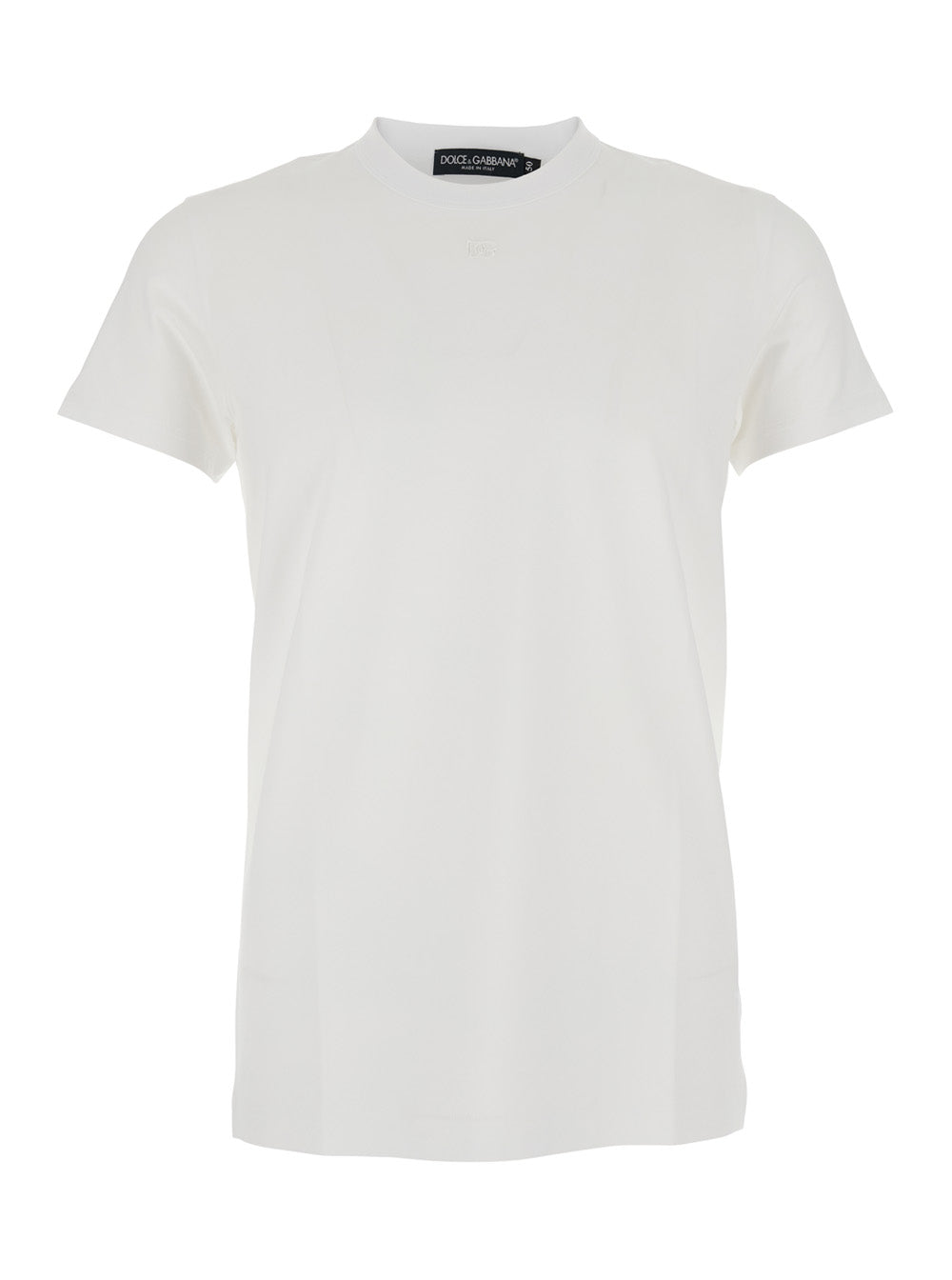 Dolce & Gabbana Men White Crewneck T-Shirt With Tonal Logo Lettering Embroidery On The Front In Cotton Stretch Man DOLCE & GABBANA