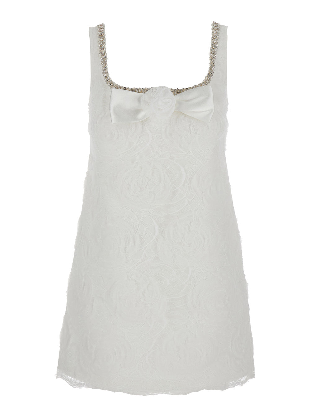 Self-Portrait Women White Mini Dress With Square Neck And Bow Detail On The Front In Tech Fabric Woman SELF-PORTRAIT