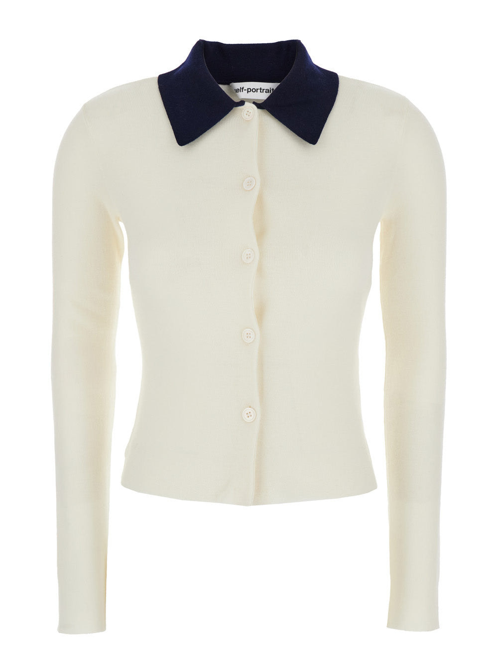 Self-Portrait Women White Cropped Cardigan With Contrasting Collar And Tonal Button Closure In Wool Woman SELF-PORTRAIT