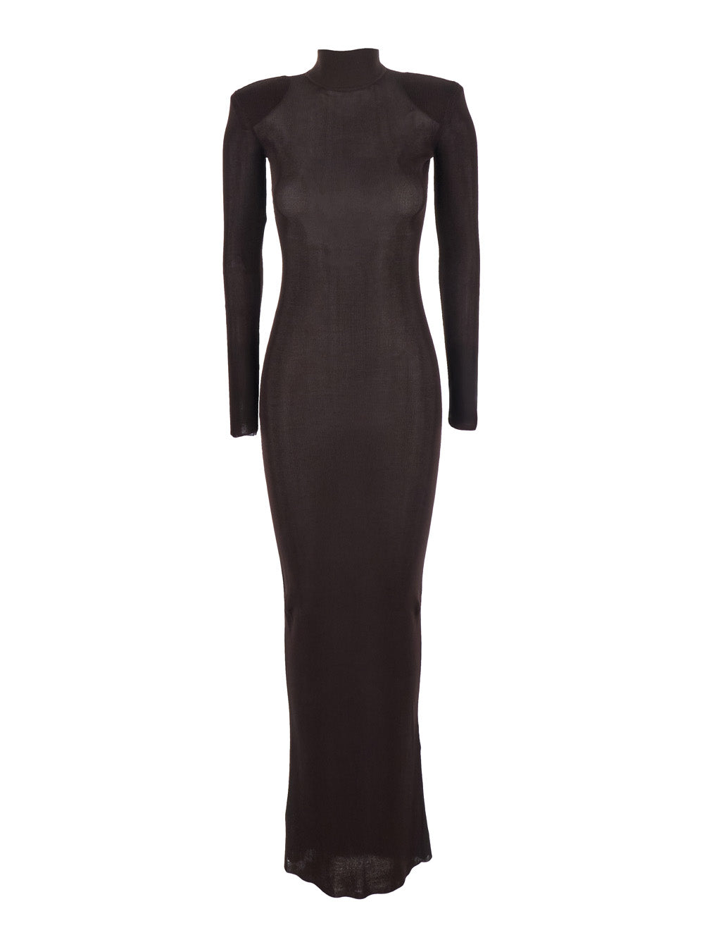 Self-Portrait Women Brown Turtleneck Long Dress With Shoulder Pads In Viscose Woman SELF-PORTRAIT