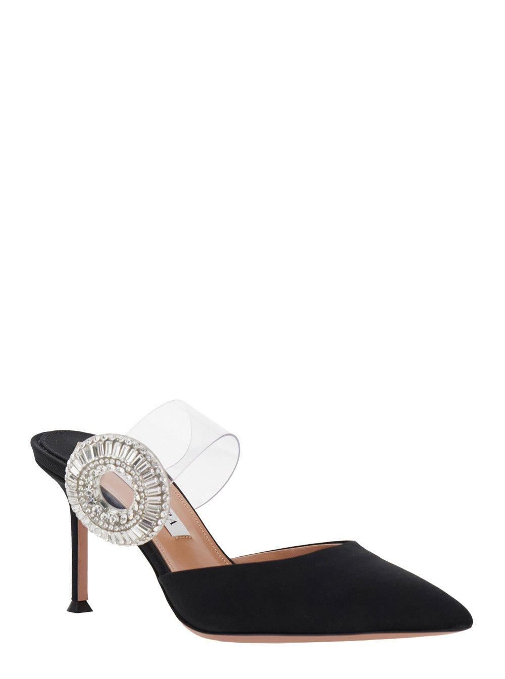 Aquazzura Women Black Slingback Mules With Crystal Embellishment And Transparent Strap In Suede Woman AQUAZZURA