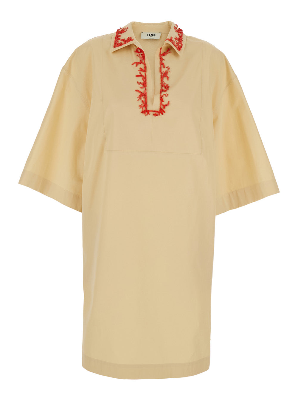 Fendi Women Beige Dress With Open Polo Shirt Style Collar And Embroidery On The Collar In Cotton Woman FENDI