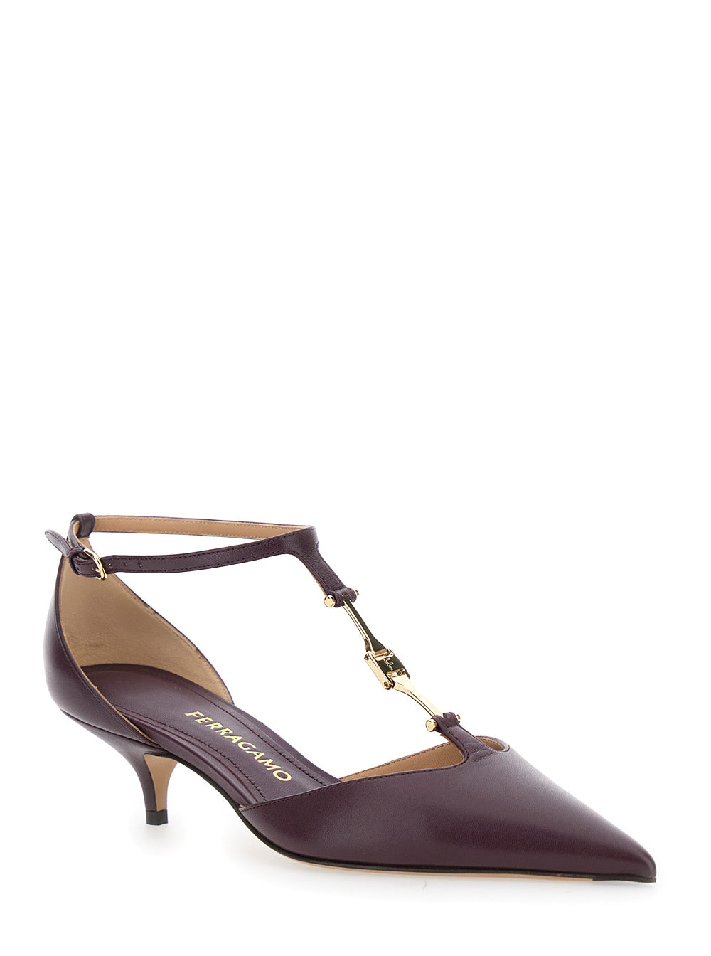 Ferragamo Women Bordeaux Pumps With T Strap And Low Heel In Leather Woman FERRAGAMO