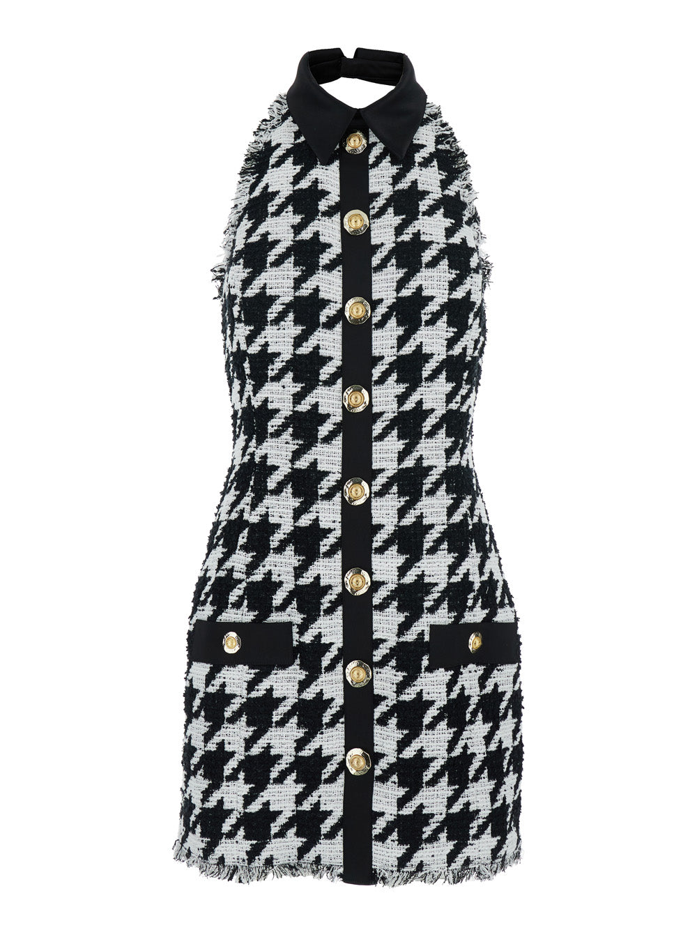 Balmain Women Black And White Halterneck Mini Dress With Houndstooth Motif In Tweed And Satin Woman BALMAIN