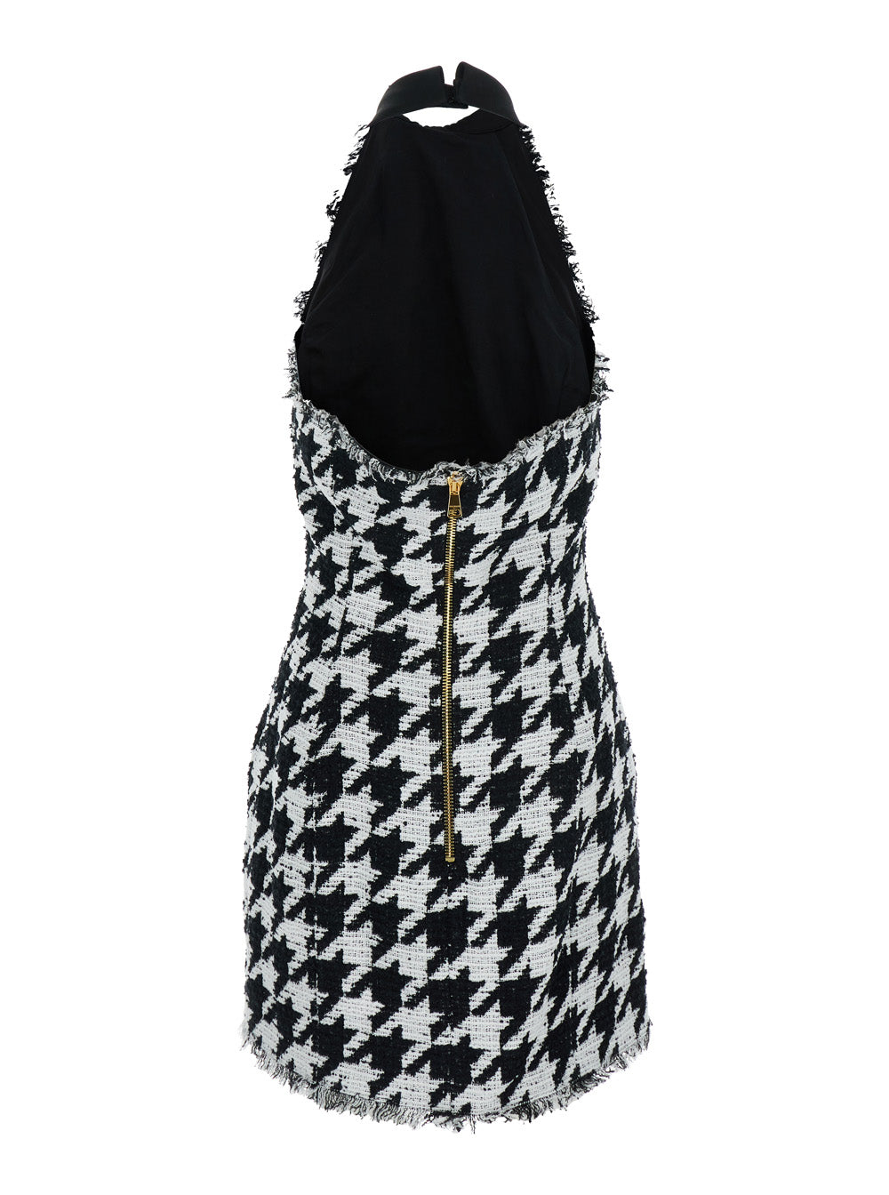 Balmain Women Black And White Halterneck Mini Dress With Houndstooth Motif In Tweed And Satin Woman BALMAIN
