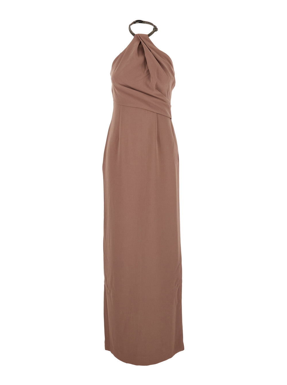 Solace London Women 'Riva' Brown Long Dress With Rhinestone-Embellished Neckline And Drape Details In Twill Woman SOLACE LONDON