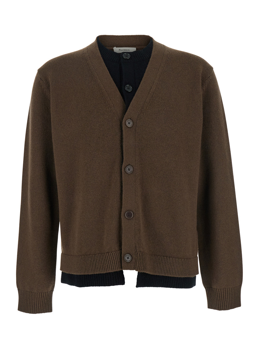 Jw Anderson Men Brown Cardigan With V-Neck And Layered Design In Fabric Man J.W. ANDERSON