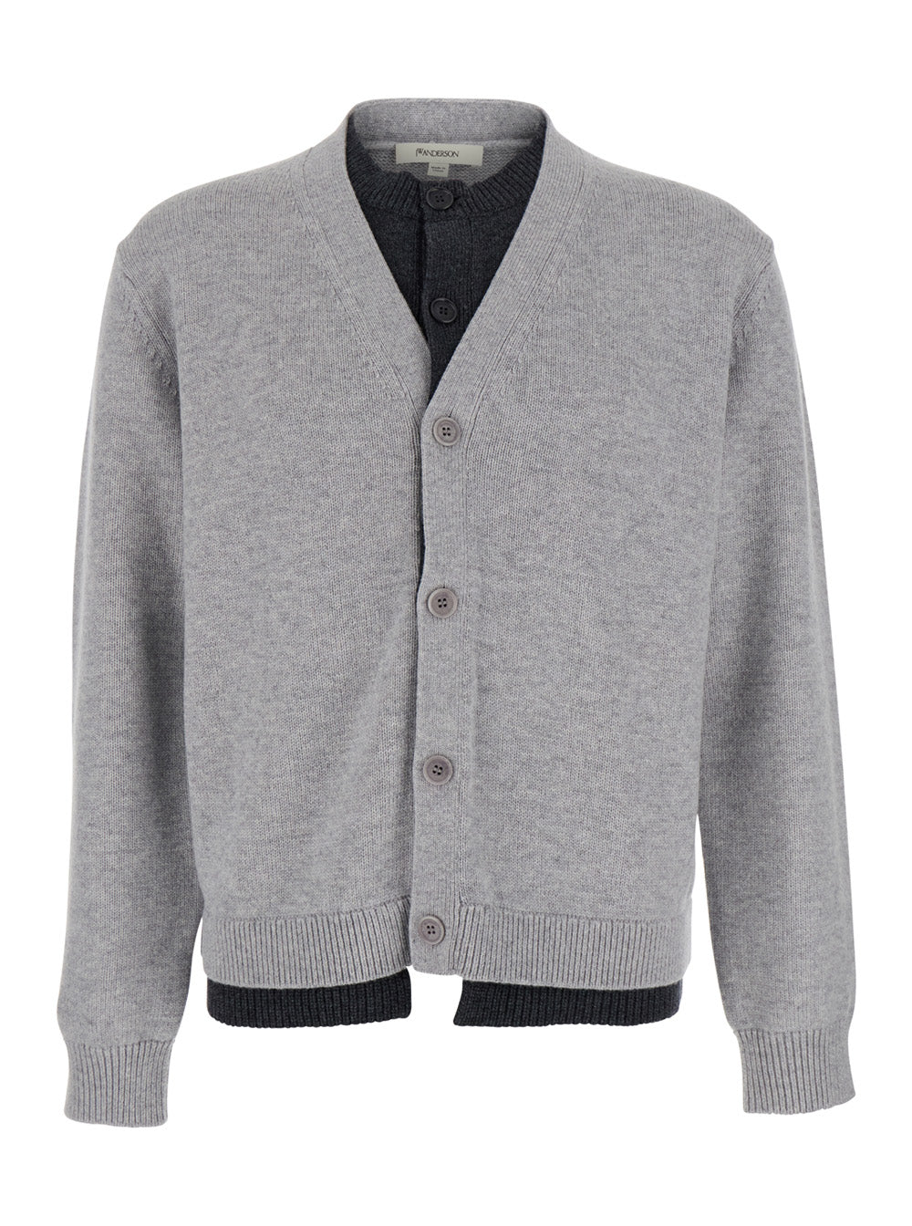Jw Anderson Men Grey Cardigan With V-Neck And Layered Design In Fabric Man J.W. ANDERSON