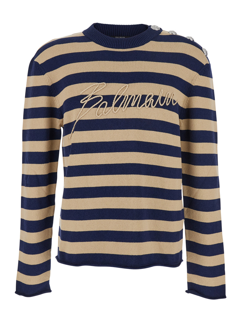 Balmain Men Blue Crewneck Sweater With Logo Lettering On The Front And All-Over Striped Motif In Wool Woman BALMAIN