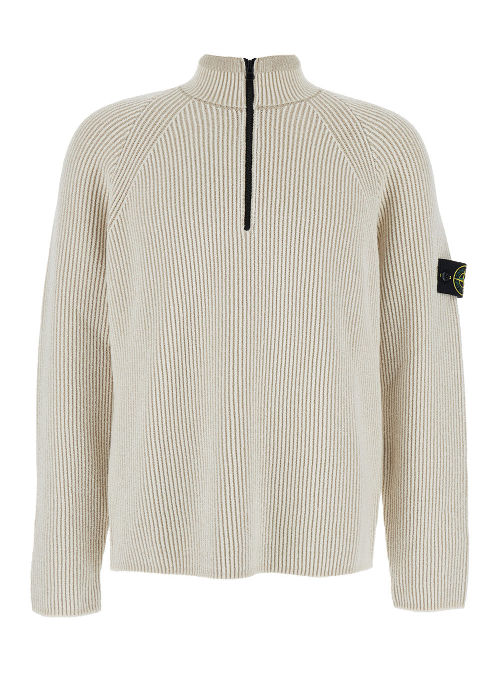 Stone Island Men White Sweater With Logo Patch On The Sleeve And Front Half Zip Closure In Wool Stretch Man STONE ISLAND