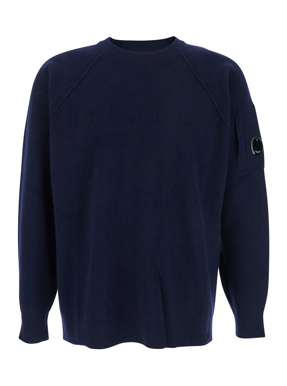 C.P. Company Men Blue Crew Neck Sweater With Compass Logo On Sleeve In Wool Blend Man C.P. COMPANY