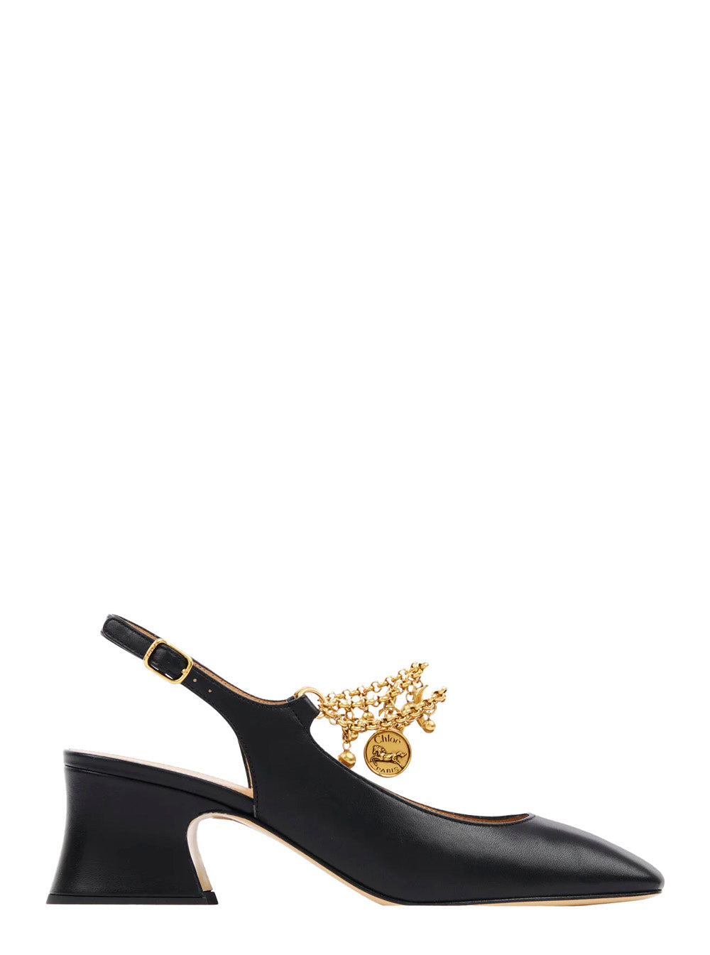 Chloé Women Black Pumps With Decorative Logo Charm And Wide Heel In Leather Woman CHLOE
