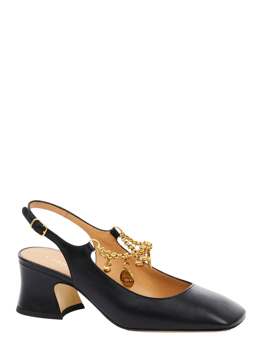 Chloé Women Black Pumps With Decorative Logo Charm And Wide Heel In Leather Woman CHLOE