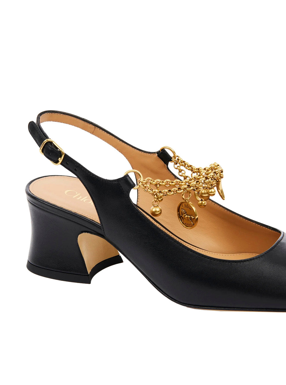 Chloé Women Black Pumps With Decorative Logo Charm And Wide Heel In Leather Woman CHLOE