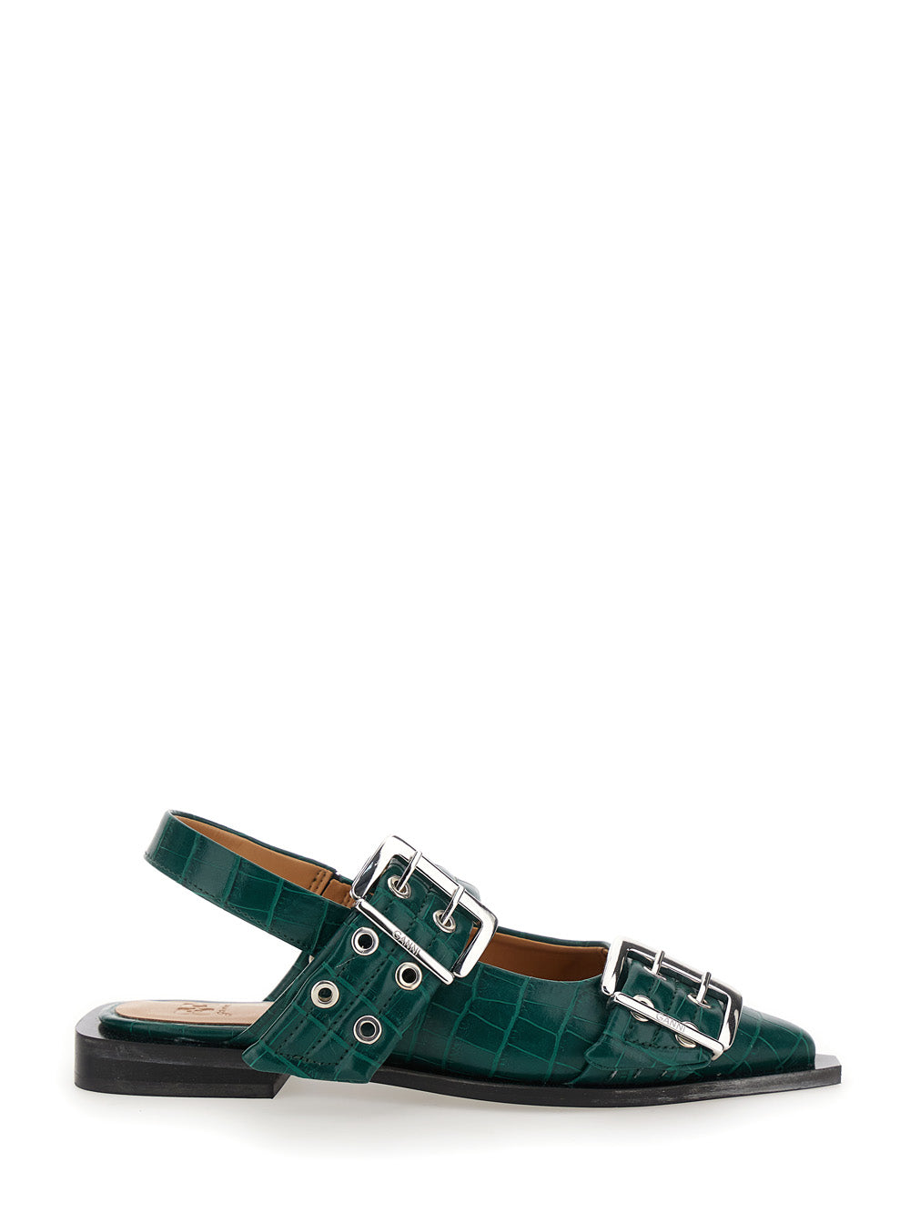 Ganni Women Green Ballet Shoes With Double Buckle And Pointed Design In Leather Woman GANNI