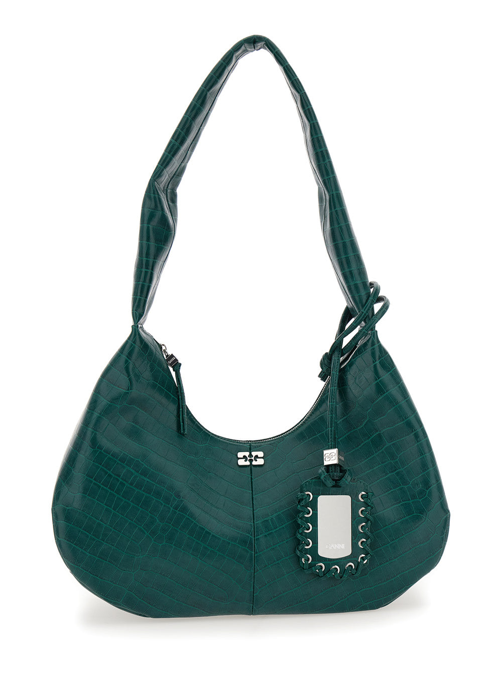 Ganni Women 'Medium Bou' Green Shoulder Bag With Crocodile Leather Effect And Logo Plaque In Leather Woman GANNI