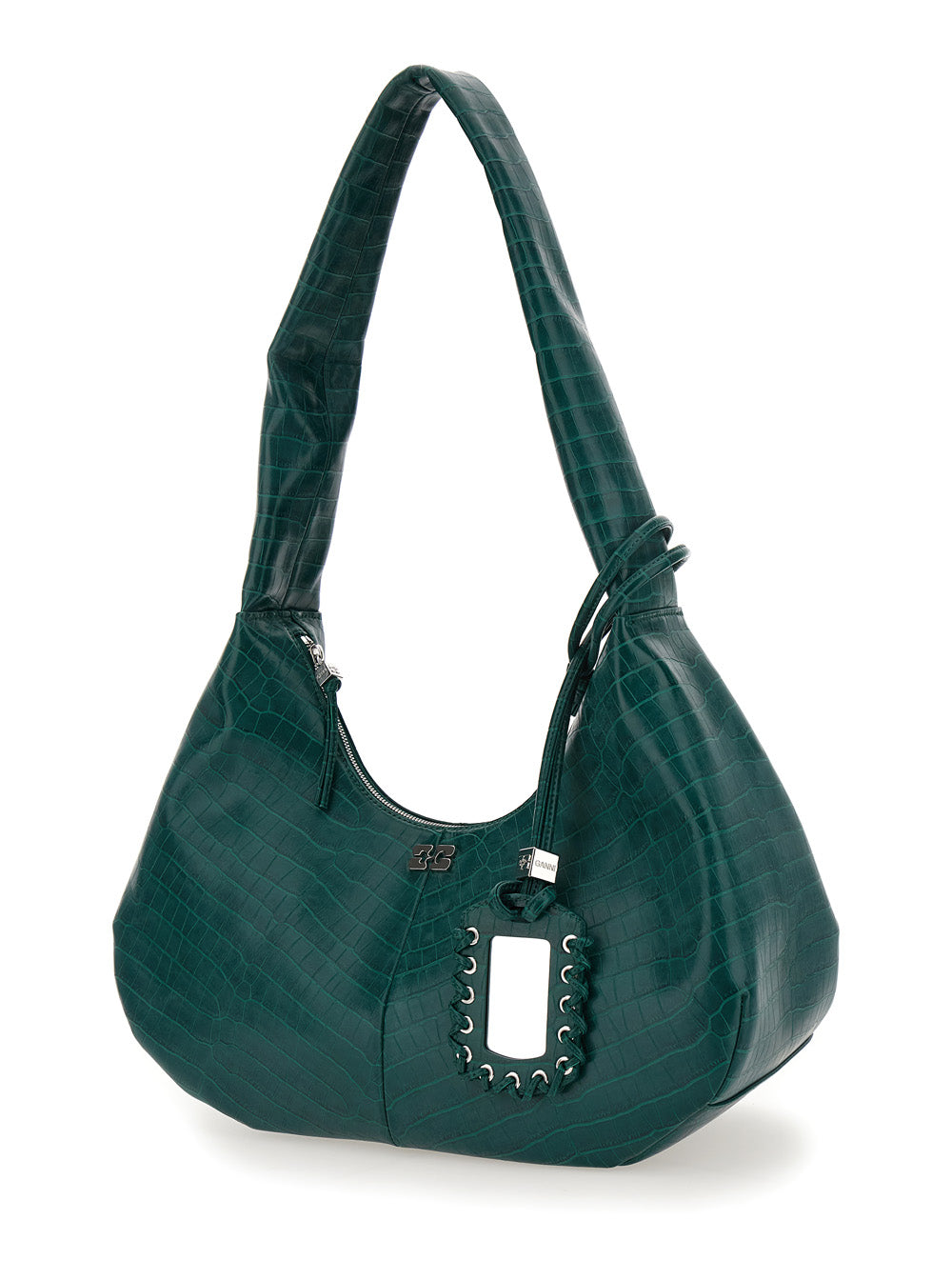 Ganni Women 'Medium Bou' Green Shoulder Bag With Crocodile Leather Effect And Logo Plaque In Leather Woman GANNI