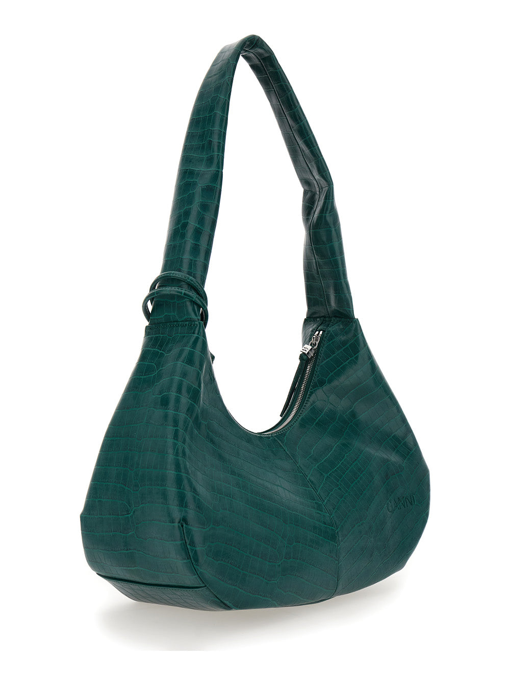 Ganni Women 'Medium Bou' Green Shoulder Bag With Crocodile Leather Effect And Logo Plaque In Leather Woman GANNI