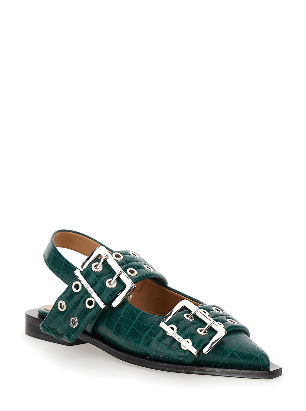 Ganni Women Green Ballet Shoes With Double Buckle And Pointed Design In Leather Woman GANNI